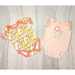 Baby Girl 2 Outfit Summer Bodysuit Set Little Sister Birds Flowers Pink Gold 0-3